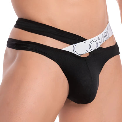 Black menâ€™s thong with white elastic waistband featuring cover logo in black from cover male cmk055 star flower thong