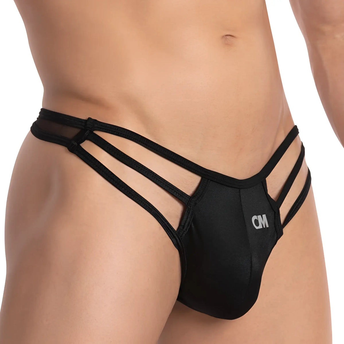 Black cover male cmk057 thong with three straps sleek minimalist design and subtle cm branding on front