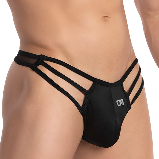 Black cover male cmk057 thong with three straps sleek minimalist design and subtle cm branding on front