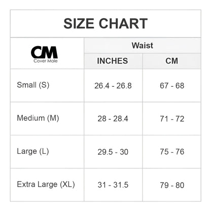 Cover male cmk061 fuck me thong size chart showing waist measurements in inches and centimeters for s to xl sizes