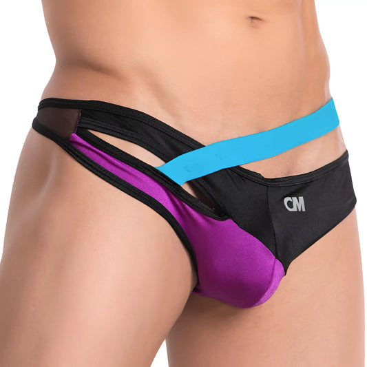 Cover Male CMK062 all over me thong in black and purple with sheer mesh panels and bold turquoise accent stripe