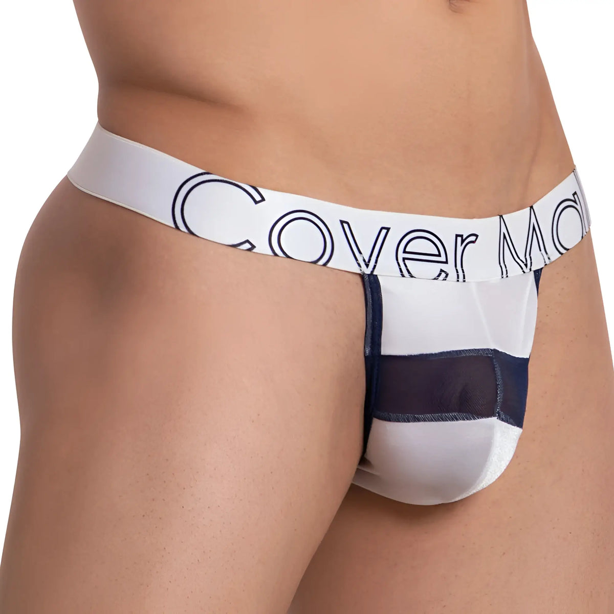 White and navy blue sheer menâ€™s briefs with bold cover me logo on waistband from cover male cmk065 focus thong