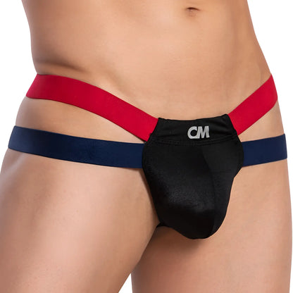 Cover Male CMK068 thong black form-fitting menâ€™s underwear with red and navy blue elastic straps front view