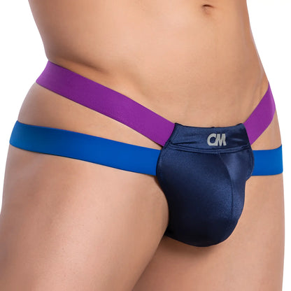Navy blue satin briefs with purple and royal blue elastic straps from Cover Male CMK068 thong front view