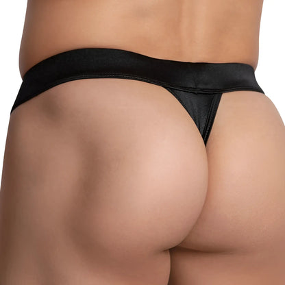 Black satin thong with smooth glossy finish and narrow waistband from cover male cmk071 bikini thong collection