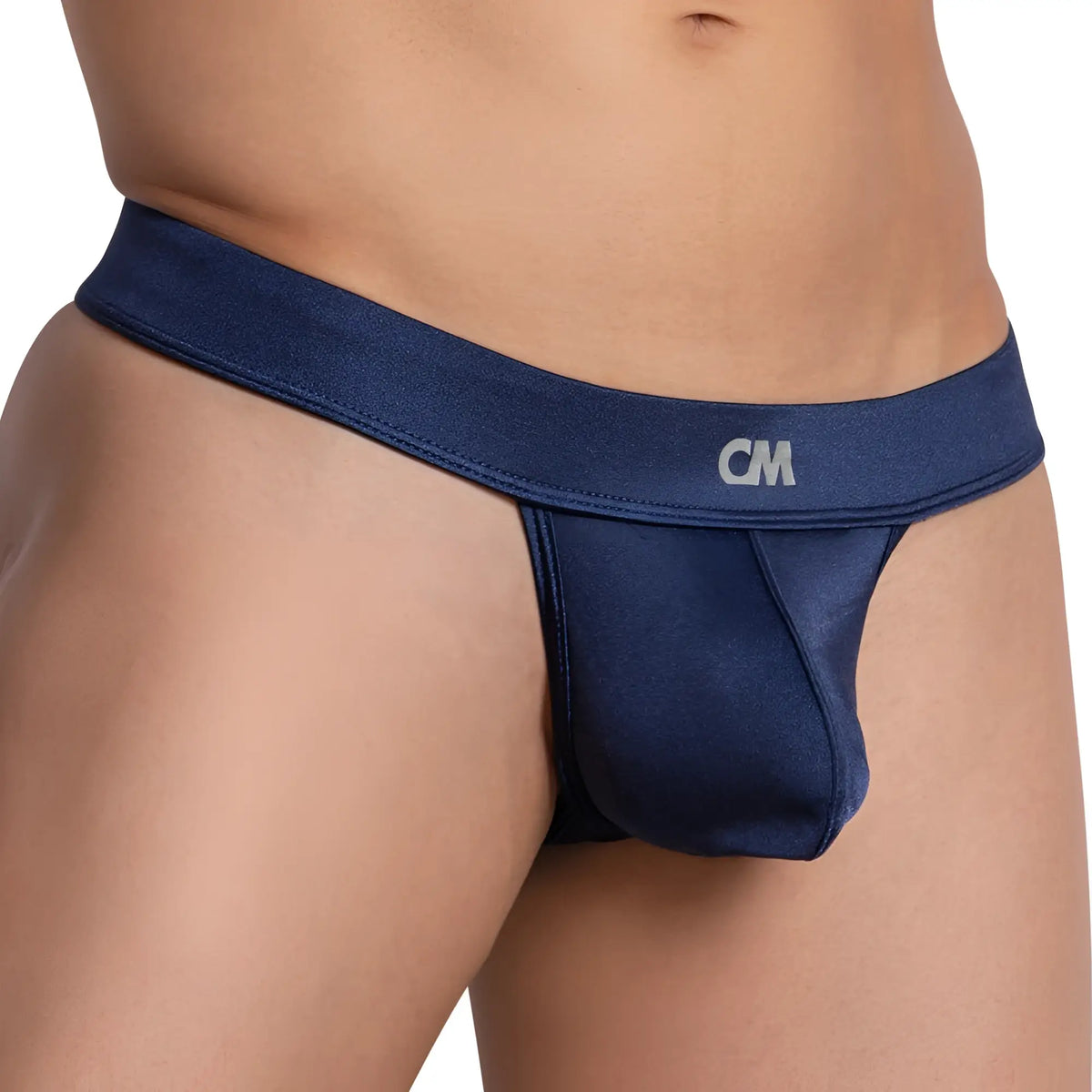 Navy blue cover male cmk071 bikini thong made of smooth stretchy fabric with a subtle textured waistband