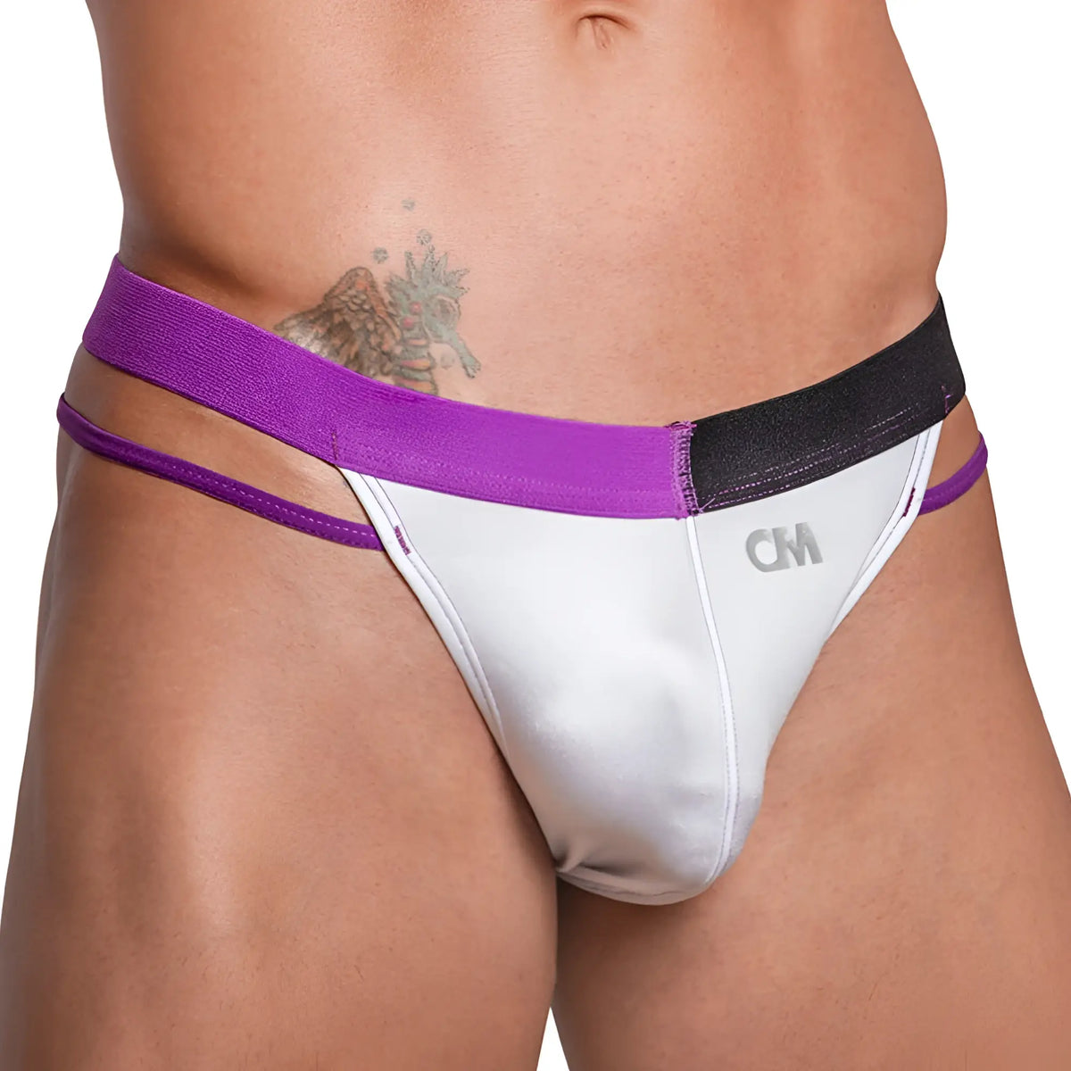 Cover male cmk072 thong with purple and black striped waistband white fabric and subtle cm logo on front