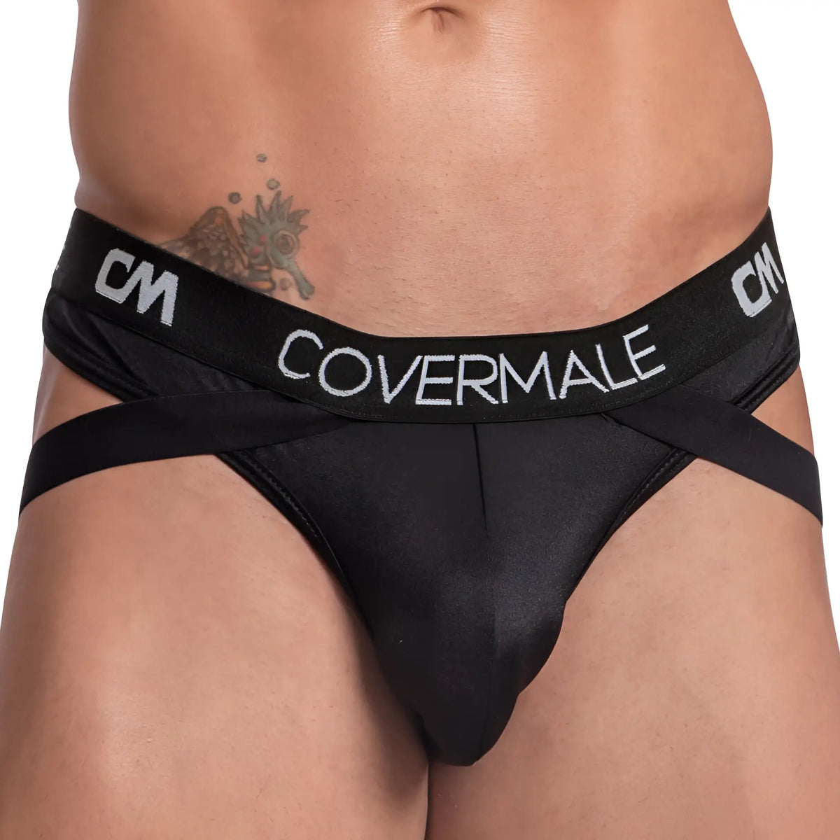 Black covermale cmk073 thong briefs with satin finish and contrasting white logo on the waistband
