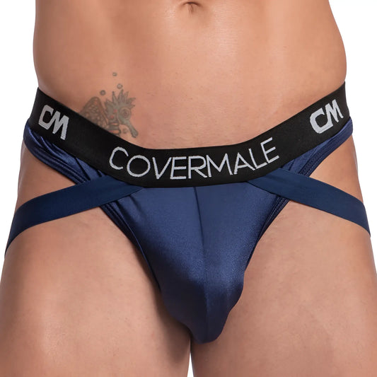 Navy blue satin briefs with black elastic waistband featuring white covermale branding and cm logos cover male cmk073 thong