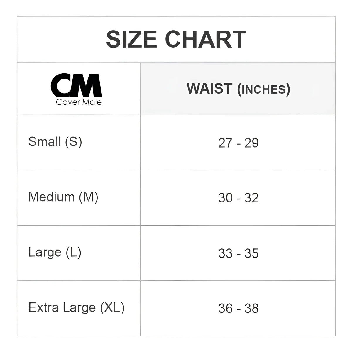 Cover male cml003 power g-string size chart showing waist measurements in inches for accurate fitting guidance