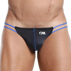 Cover male CML005 black thong with blue trim and matching side straps showing the front view
