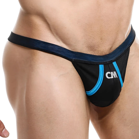 Black cm brand thong with blue trim and white logo cover male CML016 g-string showing front side design