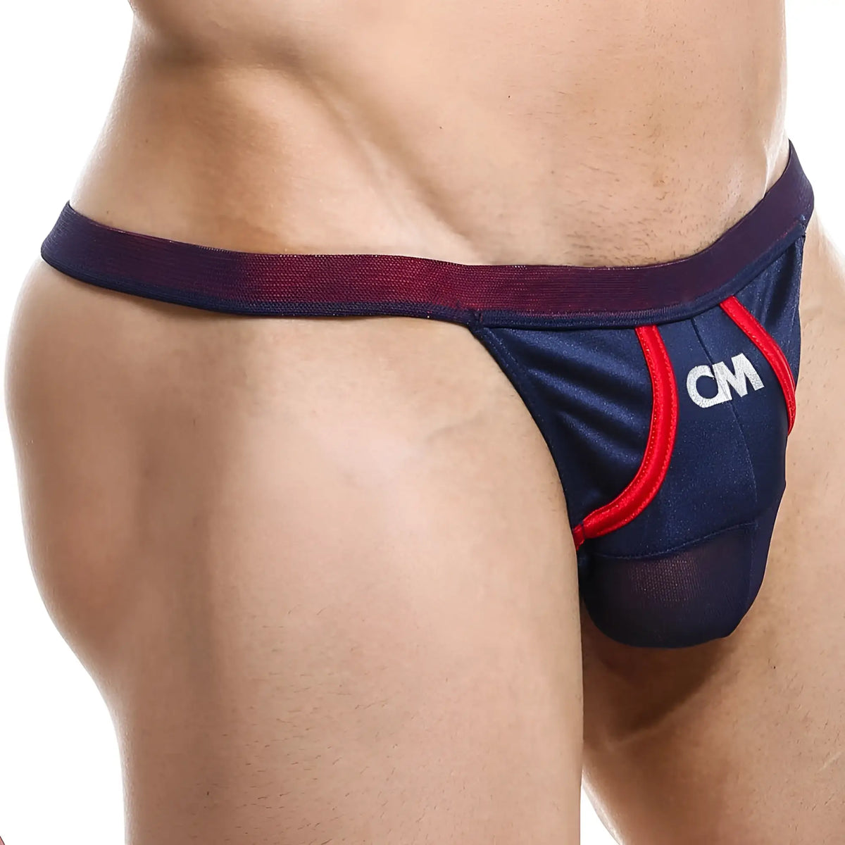 Navy blue and red mesh Cover Male CML016 G-string briefs with a white cm logo on the front