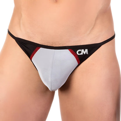 Cover male cml017 g-string black and gray athletic briefs with red trim and white cm logo on waistband front view