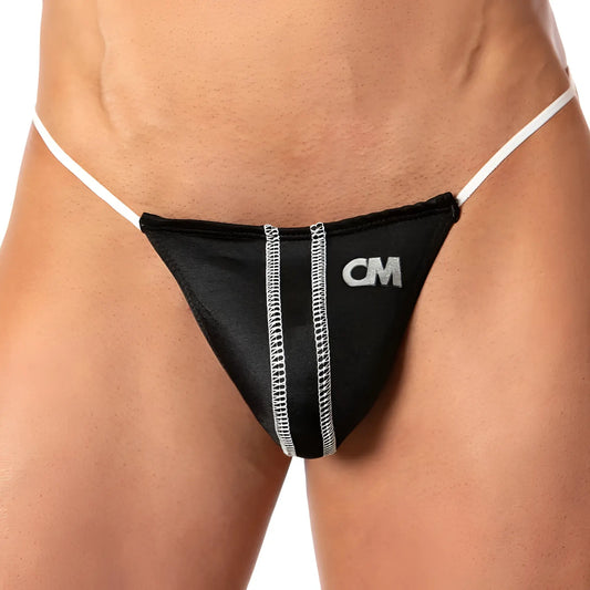 Black cm brand thong g-string with white trim and stitching showing back side for men by cover male