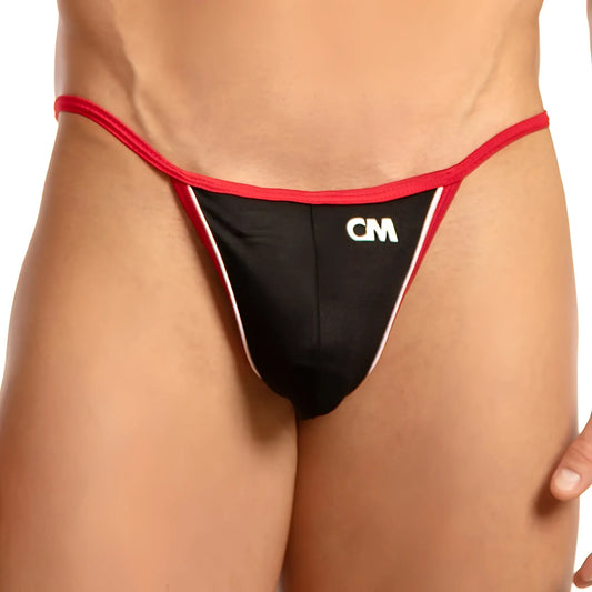 Cover male cml021 g-string black and red thong with white trim featuring cm logo on front in breathable fabric