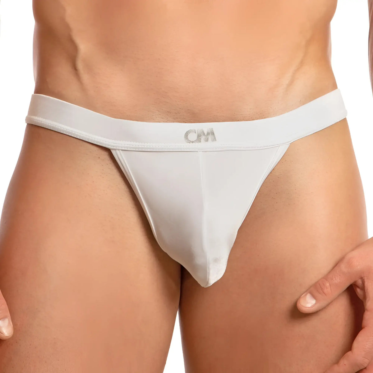 White cover male cml024 g-string thong with smooth form-fitting design and subtle elastic waistband shown from the back