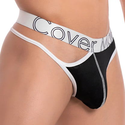 Black and white cover male cml027 thong with bold outlined logo on waistband shown from the front side