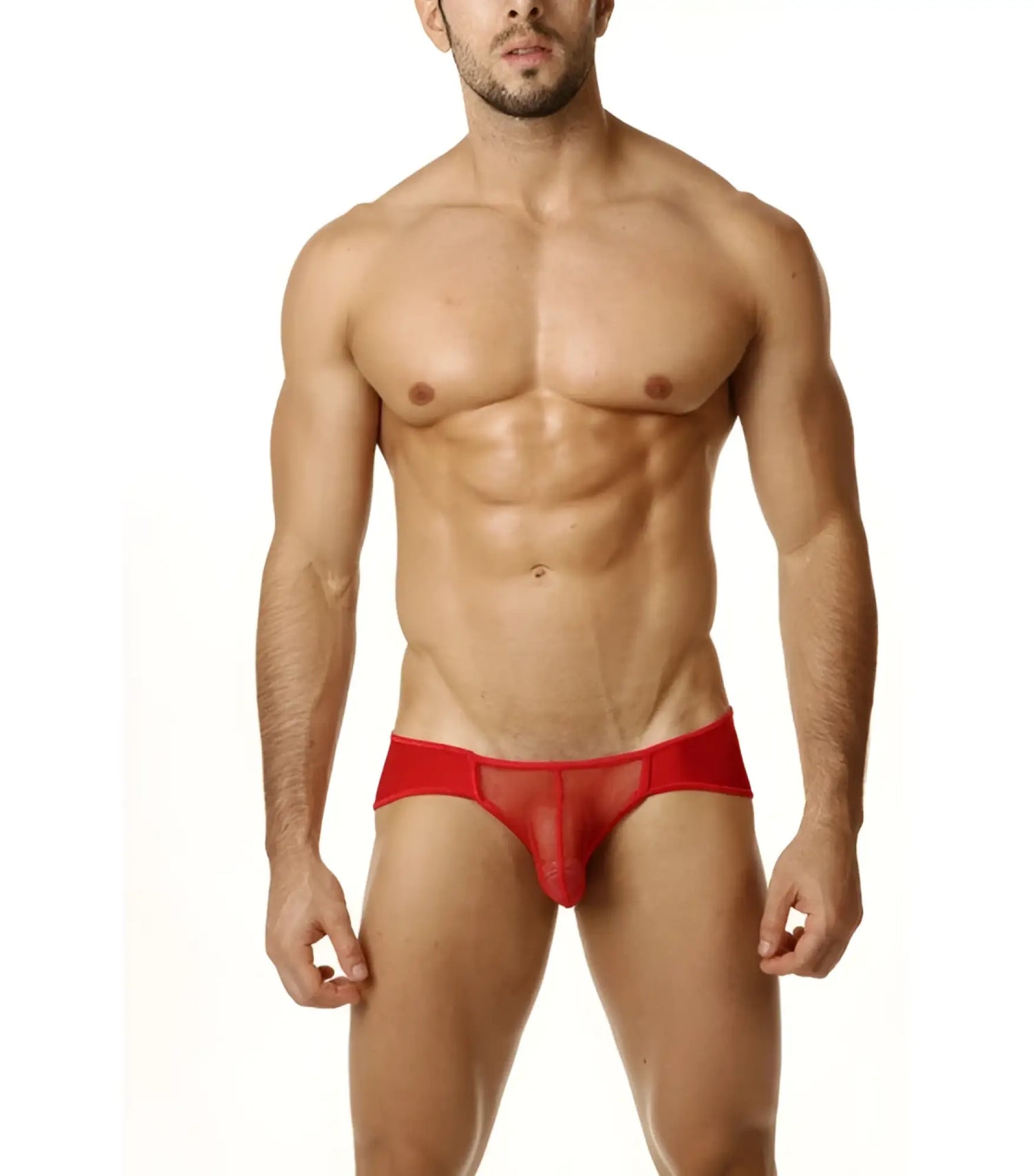 Cover male sheer pouch bikini underwear red size s featuring red mesh briefs with solid red waistband