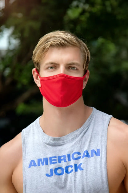 Red fabric face mask cover male TAP003 accessory worn by a man for comfortable everyday protection