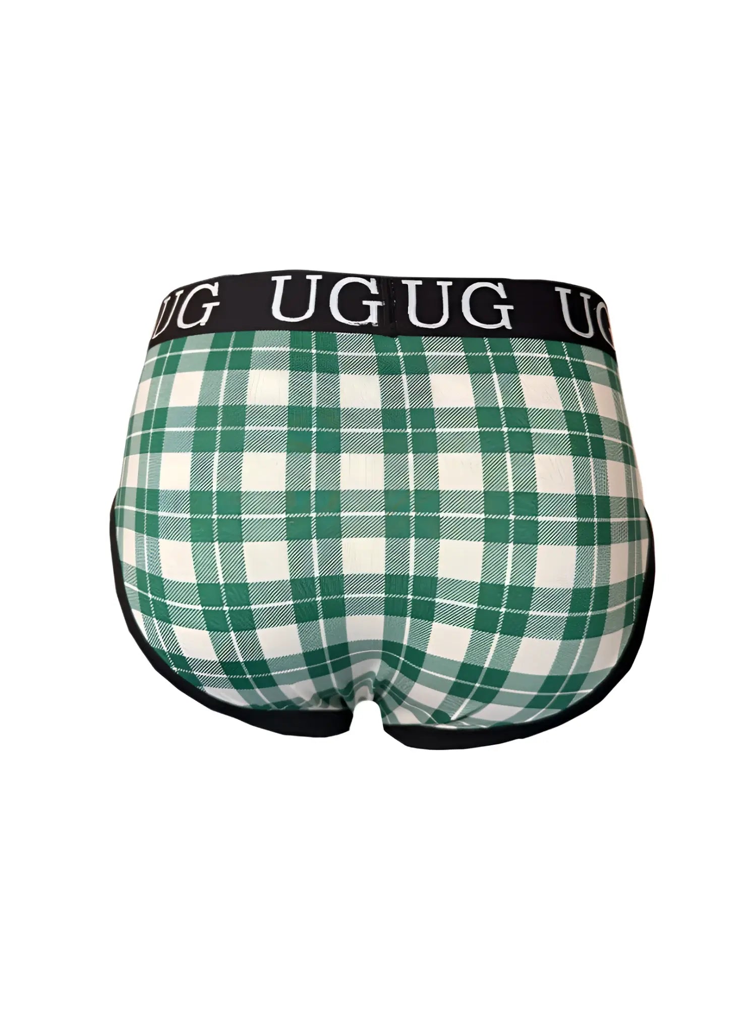 Cozy comfort pouch brief green and white plaid men’s underwear with black waistband featuring ug logo