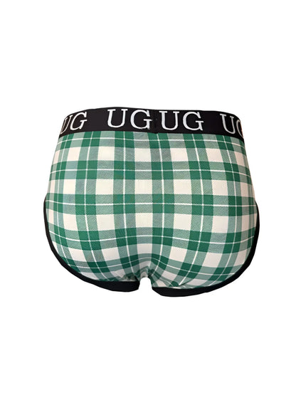 Cozy comfort pouch brief green and white plaid men’s underwear with black waistband featuring ug logo