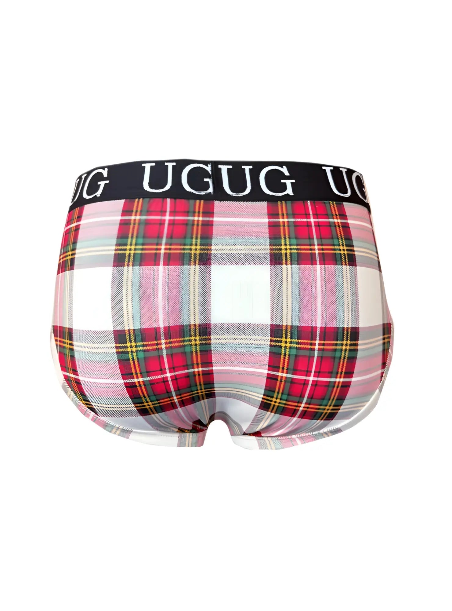 Cozy country style Plaids fit brief with pink white red green plaid pattern and black elastic waistband by Ugug
