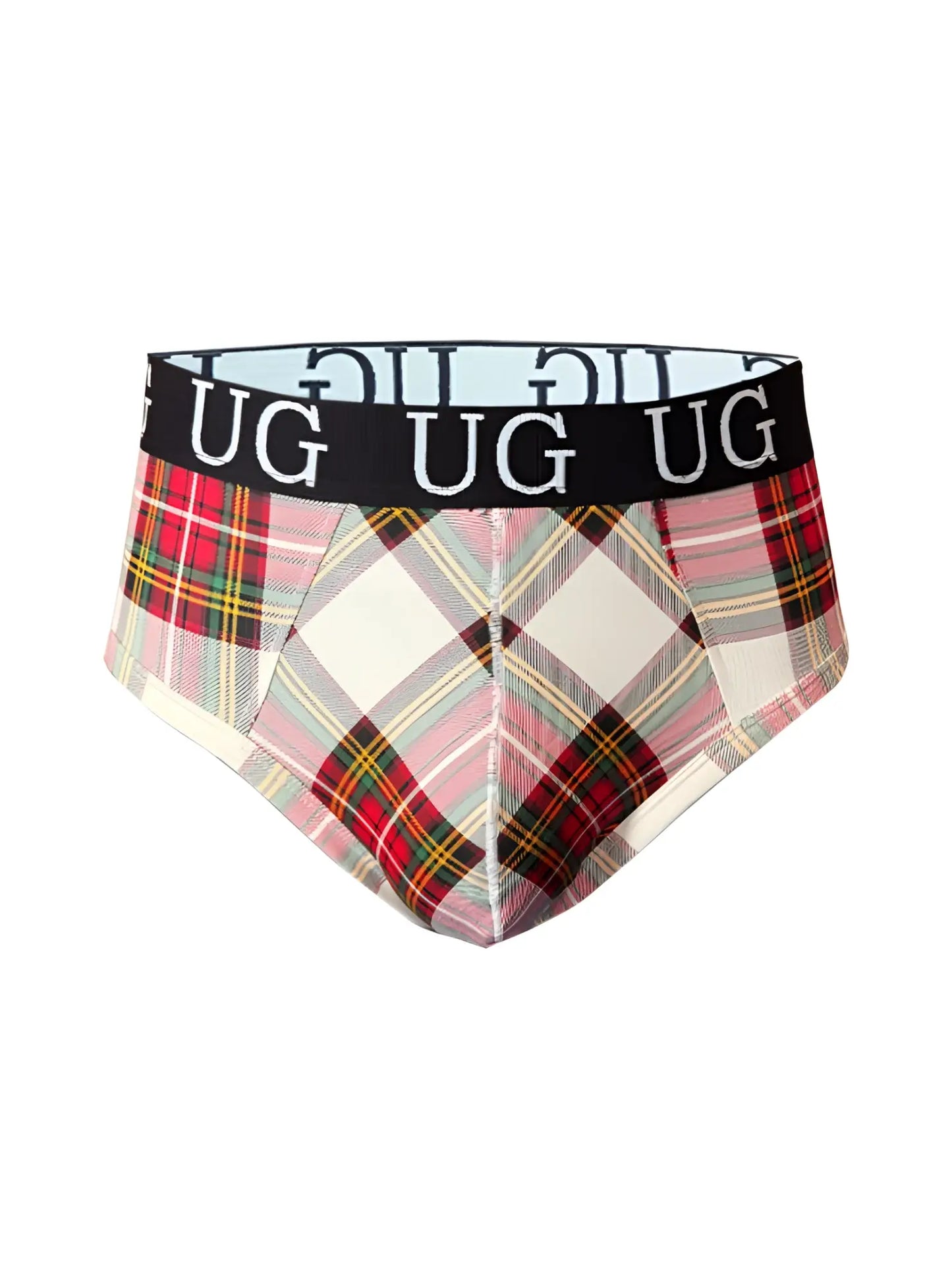 Cozy country style plaids fit brief plaid underwear with black waistband and white ug branding front view
