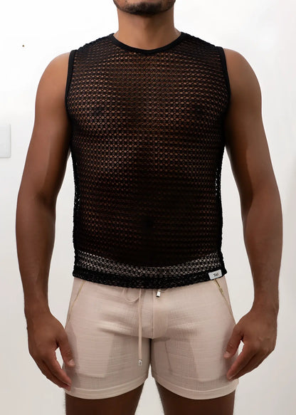 Black mesh crochet muscle tank top with sleeveless design, round neckline, and elasticated hem