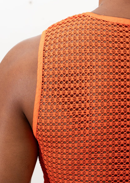 Bright orange crochet muscle tank top with fitted sleeveless design and breathable mesh material