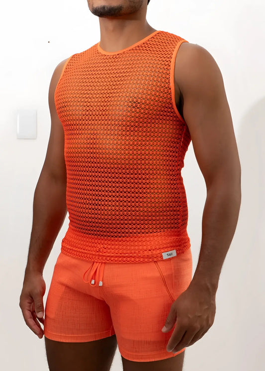 Orange crochet muscle tank top with round neckline sleeveless design and elastic waistband in mesh fabric