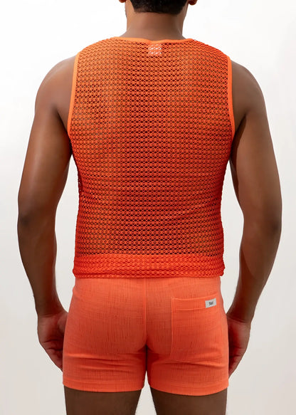 Orange crochet muscle tank top with textured breathable mesh fabric and small brand tag at the neckline
