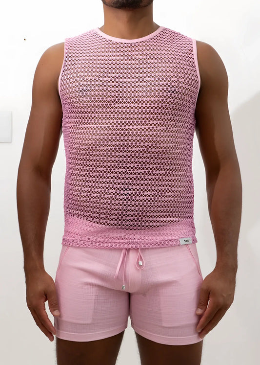 Pink crochet muscle tank top with mesh sleeveless design round neckline and subtle geometric pattern