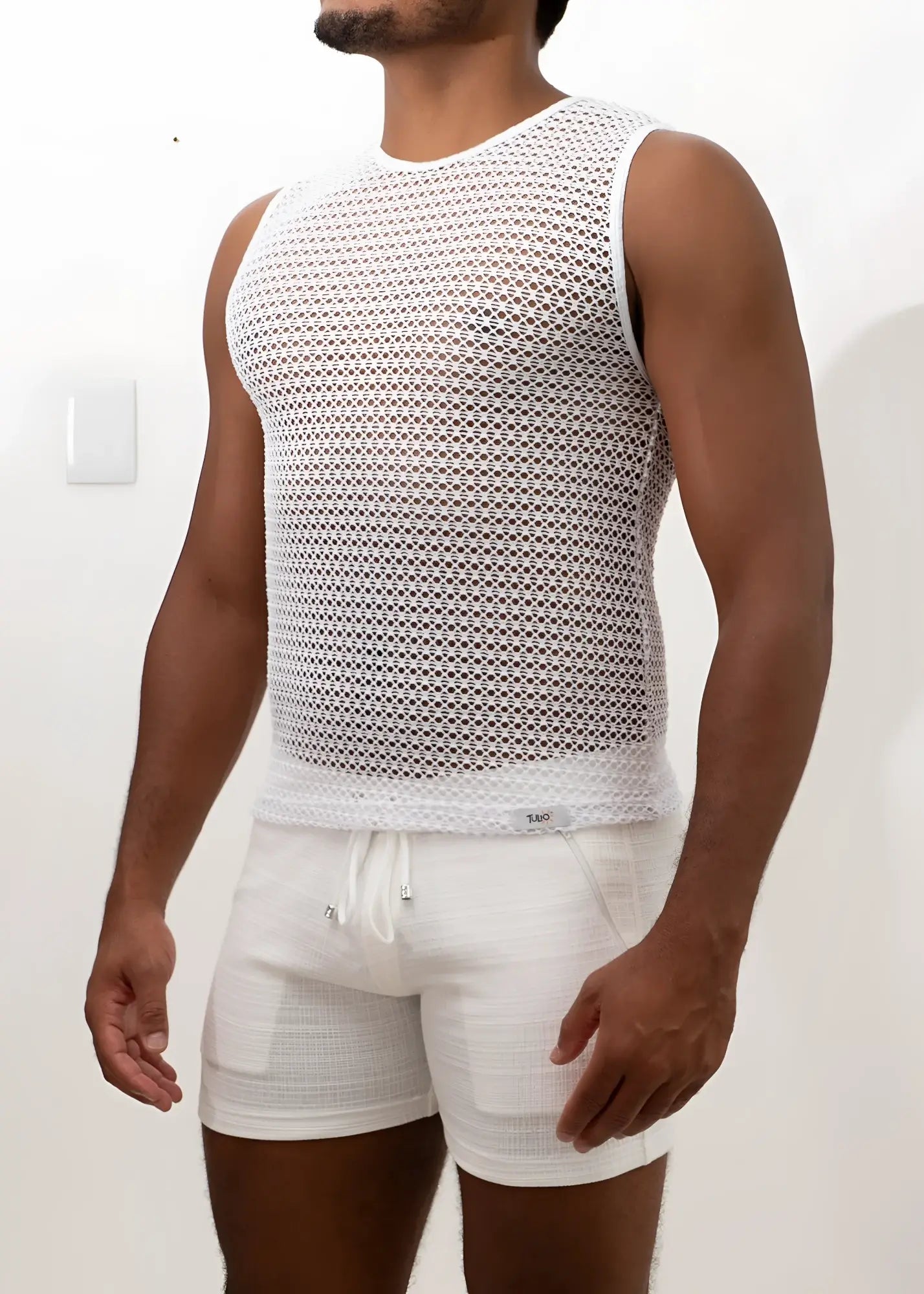 White crochet muscle tank top with sleeveless design round neckline and subtle mesh patterned texture
