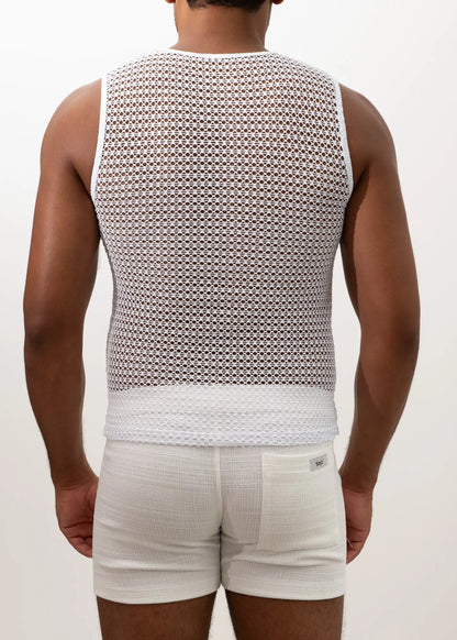 White crochet mesh muscle tank top with a solid white band at the bottom for casual summer wear