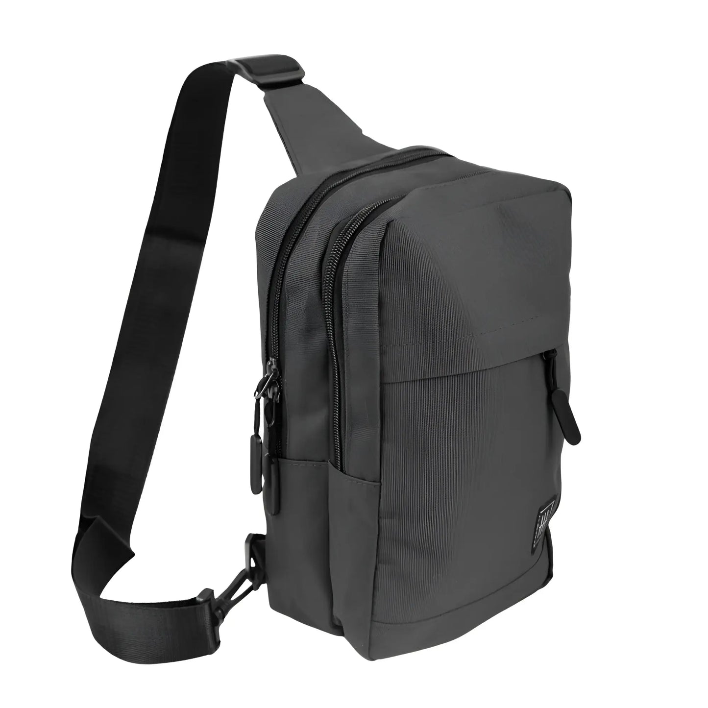 Black nylon crossbody canvas sling bag with multiple zippered compartments and adjustable strap for hands-free use
