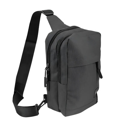 Black nylon crossbody canvas sling bag with multiple zippered compartments and adjustable strap for hands-free use