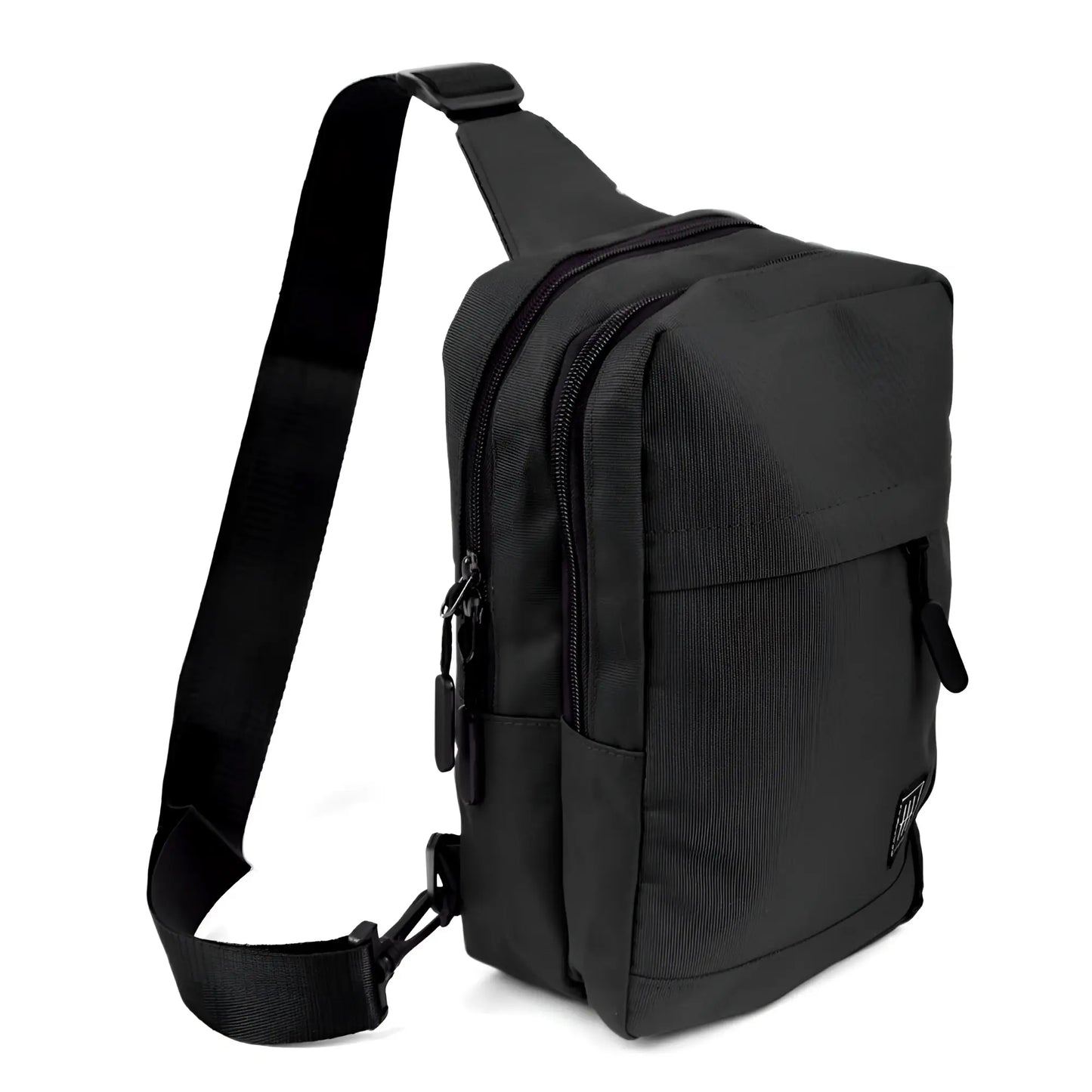 Black tactical-style crossbody canvas sling bag with durable fabric and multiple zippered compartments for secure storage
