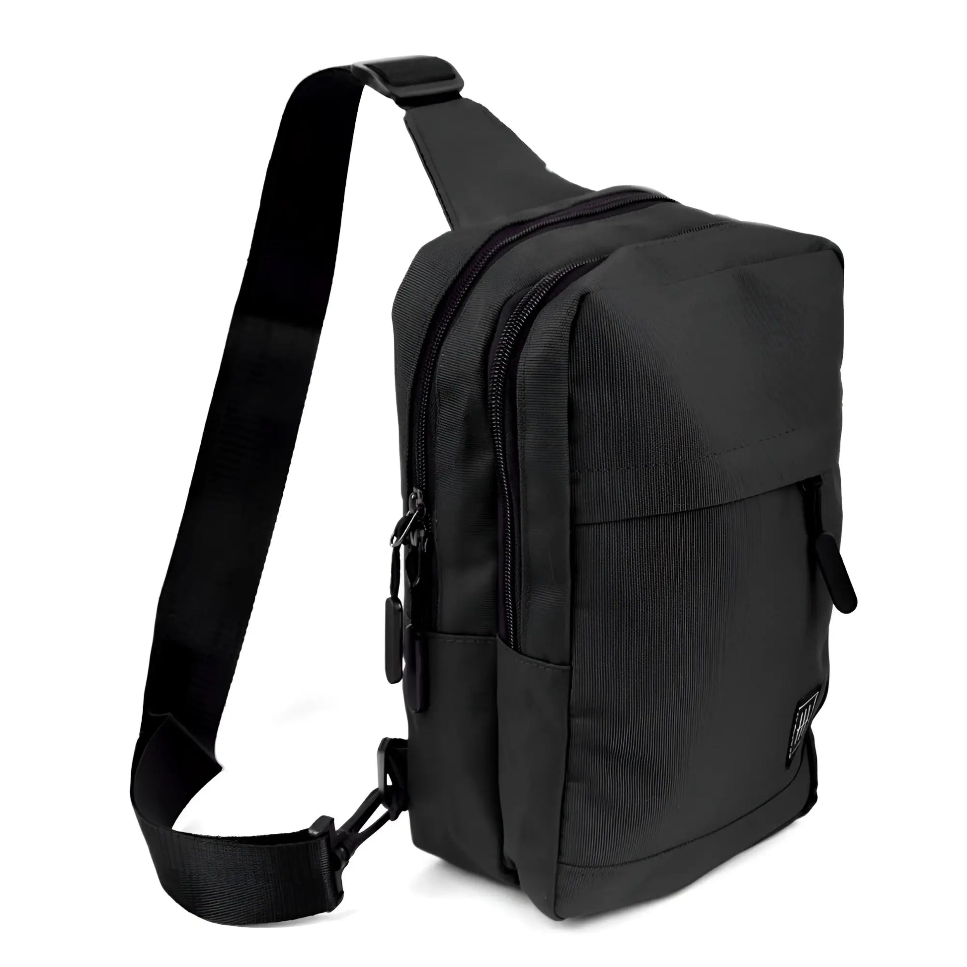 Black tactical-style crossbody canvas sling bag with durable fabric and multiple zippered compartments for secure storage