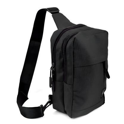 Black tactical-style crossbody canvas sling bag with durable fabric and multiple zippered compartments for secure storage