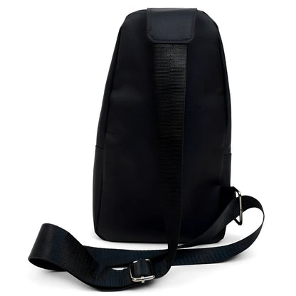 Black nylon crossbody sling bag with adjustable strap and metal buckle for hands-free carrying