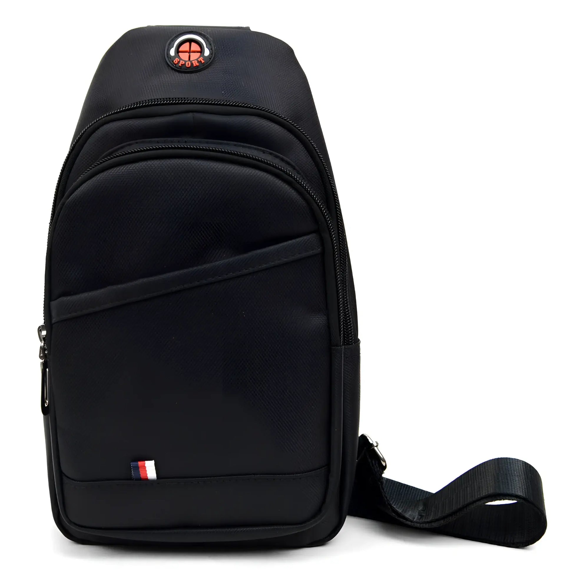 Black nylon crossbody sling bag with red and white circular logo and small flag emblem for everyday use