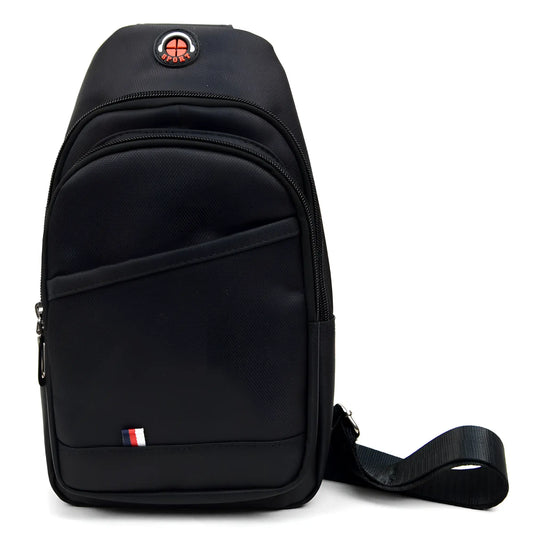 Black nylon crossbody sling bag with red and white circular logo and small flag emblem for everyday use