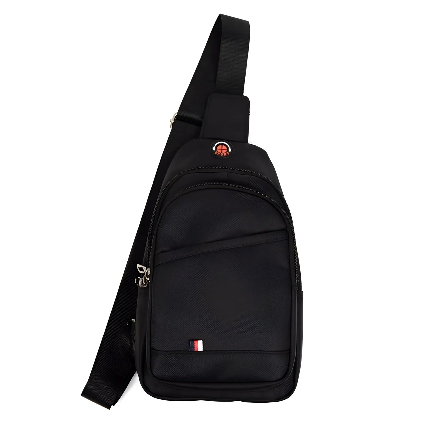 Black nylon crossbody sling bag with red and white logo patch on the front for hands-free carrying