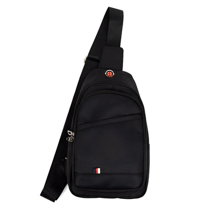Black nylon crossbody sling bag with red and white logo patch on the front for hands-free carrying