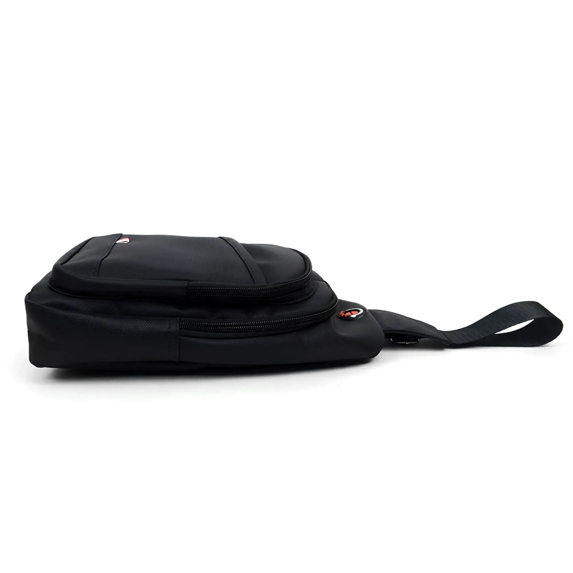 Black nylon crossbody sling bag with sleek minimalist design and subtle red logo accents for everyday use