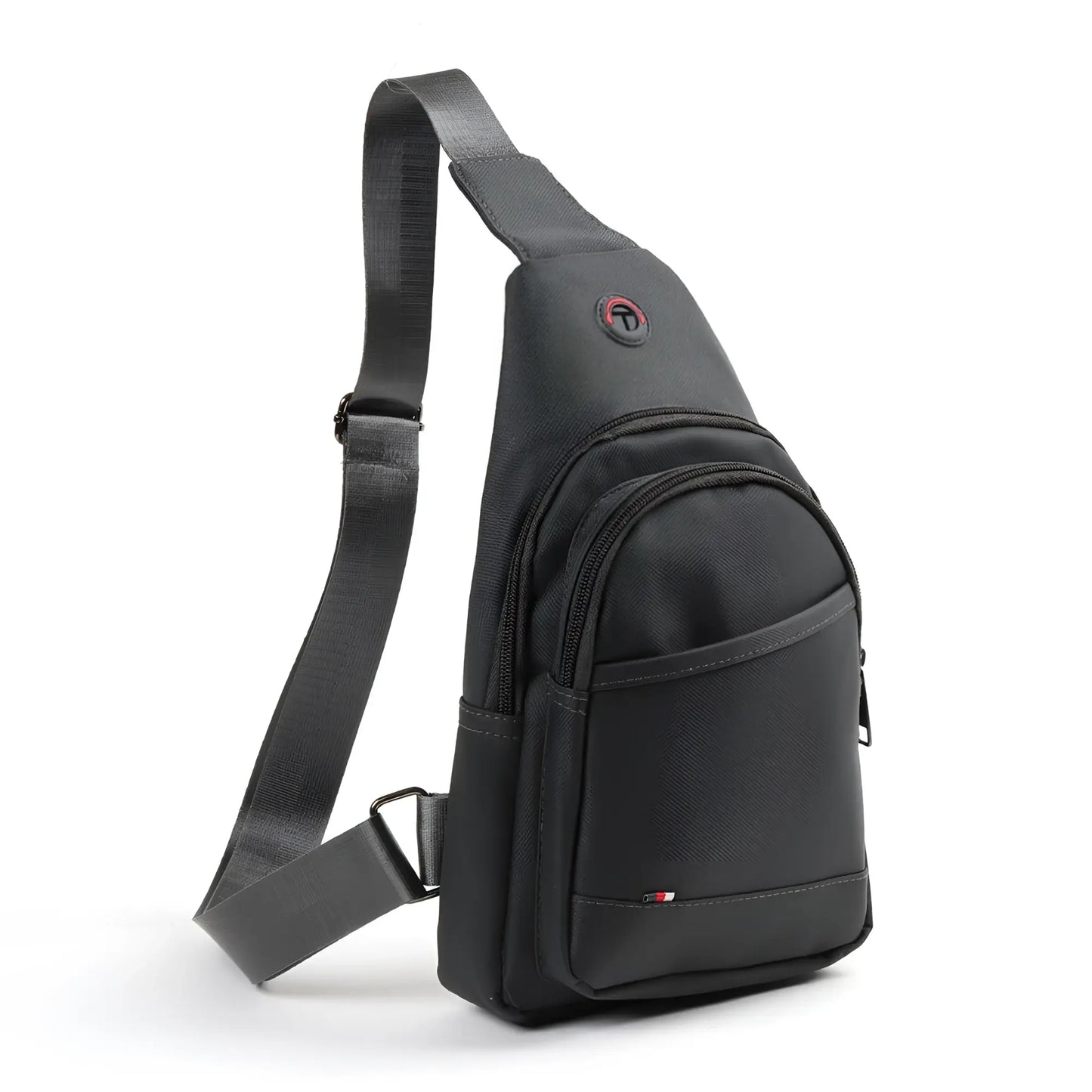 Black nylon crossbody sling bag with sleek minimalist design and subtle red logo accent for everyday use