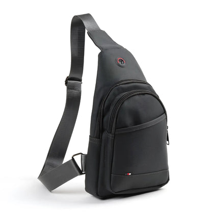 Black nylon crossbody sling bag with sleek minimalist design and subtle red logo accent for everyday use