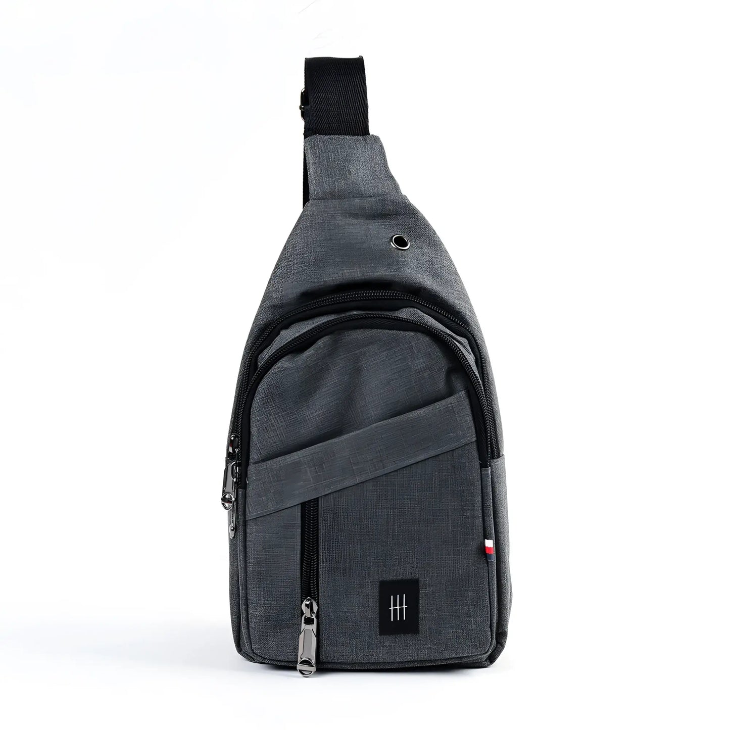 Gray textured fabric crossbody sling bag with black zipper pulls and small black logo patch for everyday use