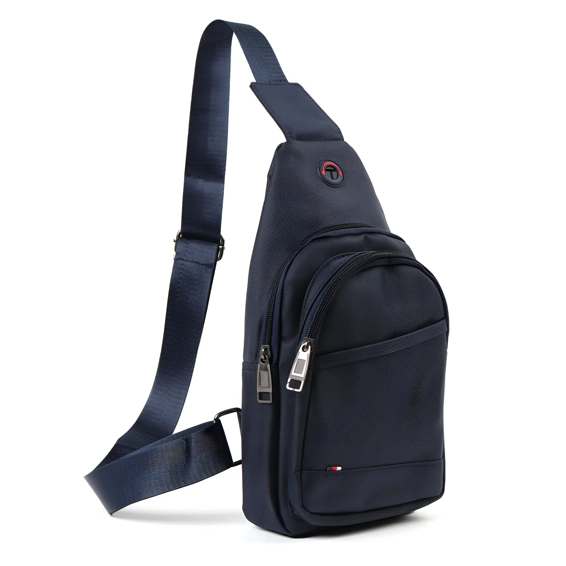 Navy blue nylon crossbody sling bag with silver zippers and red logo on the front for everyday use